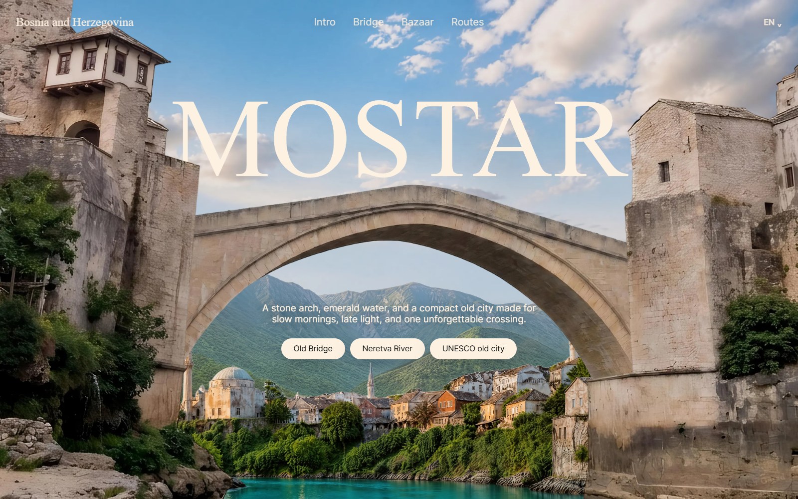 Mostar City cinematic hero with Stari Most bridge